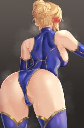 Rule 34 | 1girl, absurdres, artoria pendragon (fate), artoria pendragon (lancer) (fate), ass, bare shoulders, blue leotard, blue thighhighs, blurry, blush, braid, braided bun, breasts, brown background, clyde s, commentary, depth of field, fate/grand order, fate (series), french braid, from behind, hair bun, heattech leotard, highres, large breasts, leotard, solo, steaming body, thighhighs, thighs, turtleneck