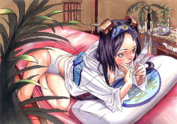 Rule 34 | 1girl, arc system works, bed, black hair, blush, breasts, brown eyes, cleavage, guilty gear, hair ornament, hairband, ishiwatari daisuke, japanese clothes, kuradoberi jam, large breasts, non-web source, panties, pillow, solo, underwear, white panties