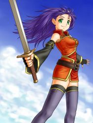 Rule 34 | 1girl, bare shoulders, belt, blue hair, breasts, detached sleeves, fingerless gloves, fire emblem, fire emblem: radiant dawn, gloves, green eyes, hairband, highres, long hair, mia (fire emblem), nintendo, smile, solo, soyo2106, sword, thighhighs, weapon, wind, zettai ryouiki