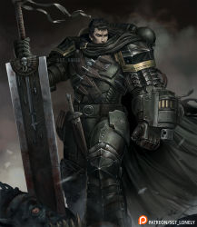 Rule 34 | 1boy, after battle, arm cannon, armor, berserk, berserker armor, black cape, black hair, blood, bloody weapon, cape, commentary, crossover, dagger, dragonslayer (sword), english commentary, guts (berserk), huge weapon, knife, male focus, orc, ork (warhammer), pauldrons, planted, planted sword, planted weapon, power armor, scar, scar on face, scar on nose, sgt lonely, shoulder armor, solo, standing, sword, warhammer 40k, watermark, weapon
