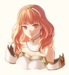 Rule 34 | 1girl, akke, celica (fire emblem), closed mouth, detached collar, earrings, fire emblem, fire emblem echoes: shadows of valentia, hairband, jewelry, long hair, nintendo, red eyes, red hair, simple background, smile, solo, upper body, white background