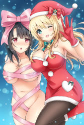 Rule 34 | 10s, 2girls, :d, :o, alternate costume, aqua bow, areola slip, atago (kancolle), bare shoulders, between thighs, black hair, black legwear, blonde hair, blue background, blush, boots, bow, bowtie, breasts, cameltoe, christmas, cleavage, covered erect nipples, dress, eyebrows, fur trim, gloves, gradient background, hat, heart, highres, kantai collection, large breasts, long hair, looking at viewer, multiple girls, naked ribbon, nanairo fuuka, navel, one eye closed, open m/, open mouth, pantyhose, pink bow, pink ribbon, pom pom (clothes), red bow, red dress, red eyes, red footwear, red gloves, red hat, ribbon, santa costume, santa hat, sideboob, smile, snowing, standing, standing on one leg, sweatdrop, takao (kancolle)