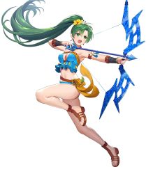 Rule 34 | 1girl, arrow (projectile), bikini, blue bikini, bow (weapon), breasts, choker, cleavage, earrings, feet, female focus, fire emblem, fire emblem: the blazing blade, fire emblem heroes, flower, full body, green eyes, green hair, hair flower, hair ornament, hibiscus, highres, holding, holding bow (weapon), holding weapon, jewelry, long hair, lyn (fire emblem), lyn (summer) (fire emblem), matching hair/eyes, medium breasts, navel, necklace, nintendo, official alternate costume, official art, ponytail, sandals, solo, stomach, strapless, strapless bikini, swimsuit, teffish, thighs, toes, transparent background, very long hair, weapon