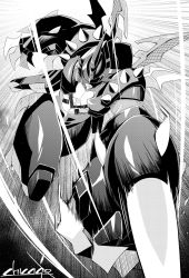 Rule 34 | 1boy, armor, chicago-x, digimon, dragon, flying, greyscale, highres, monochrome, muscular, paildramon, spikes, wings
