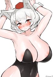 Rule 34 | 1girl, absurdres, animal ears, armpits, arms up, artist name, bare shoulders, black leotard, breasts, closed mouth, highres, inubashiri momiji, large breasts, leotard, looking at viewer, nipple slip, nipples, playboy bunny, red eyes, short hair, solo, strapless, strapless leotard, take (take143000), touhou, white background, white hair, wolf ears, wolf girl, wrist cuffs
