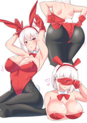 Rule 34 | 1girl, absurdres, adjusting clothes, adjusting leotard, animal ears, arched back, areola slip, armpits, arms up, ass, azur lane, backboob, bare shoulders, black pantyhose, blush, bow, breasts, cleavage, closed mouth, covered navel, covering own eyes, detached collar, fake animal ears, gloves, hair between eyes, hair ornament, hand over face, heart, highres, large breasts, legs together, leotard, light smile, lips, looking at viewer, motion lines, multiple views, nanohana (november.), no bra, pantyhose, parted lips, playboy bunny, rabbit ears, rabbit pose, rabbit tail, red bow, red eyes, red gloves, red leotard, red neckwear, short hair, shoulder blades, sidelocks, simple background, sirius (azur lane), sitting, standing, strapless, strapless leotard, tail, thick thighs, thighs, tongue, white background