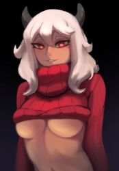 Rule 34 | 1girl, black horns, breasts, covering privates, covering breasts, demon girl, demon horns, heart, heart-shaped pupils, helltaker, hexlaze, highres, horns, large breasts, looking at viewer, modeus (helltaker), navel, red eyes, red sweater, sweater, symbol-shaped pupils, underboob, white hair