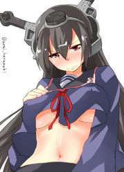 Rule 34 | 1girl, alternate costume, alternate hairstyle, arai harumaki, black hair, blush, breasts, cosplay, from below, hairband, kantai collection, large breasts, nagato (kancolle), navel, red eyes, skirt, solo, underboob, undersized clothes, upper body, yayoi (kancolle) (cosplay), yayoi (kancolle)