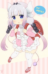 Rule 34 | 1girl, aosora neko, backpack, bag, beads, black bow, black hairband, blue eyes, blunt bangs, blush, bow, capelet, center frills, chestnut mouth, child, clenched hands, commentary, dated, dragon girl, dragon horns, dragon tail, dress, frilled capelet, frilled dress, frills, full body, hair beads, hair ornament, hairband, hands up, highres, horns, jitome, kanna kamui, kobayashi-san chi no maidragon, layered dress, leaning forward, legs apart, light purple hair, lolita fashion, long hair, long sleeves, looking at viewer, low twintails, mary janes, motion lines, open mouth, pink dress, raised eyebrows, randoseru, red footwear, ribbed dress, shoes, short dress, solo, sparkle, standing, tail, thick thighs, thighhighs, thighs, translated, twintails, very long hair, white capelet, white thighhighs, zettai ryouiki