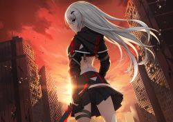 Rule 34 | 1girl, backlighting, bad id, bad pixiv id, black skirt, blue eyes, cityscape, expressionless, floating hair, from behind, gloves, grey hair, hair ornament, hairclip, long hair, long sleeves, looking at viewer, looking back, maemi (maemi12), original, outdoors, partially fingerless gloves, skirt, solo, sunset, thigh strap