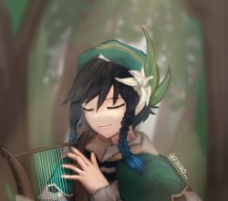 Rule 34 | 1boy, androgynous, beret, black hair, blue hair, blurry, blurry background, bow, braid, cape, closed eyes, closed mouth, collared cape, day, flower, forest, frilled sleeves, frills, genshin impact, gradient hair, green hat, hair flower, hair ornament, hat, highres, holding, holding instrument, instrument, leaf, long sleeves, lyre, male focus, multicolored hair, nature, riniko, shirt, short hair with long locks, smile, solo, twin braids, venti (genshin impact), white flower, white shirt