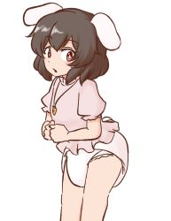 Rule 34 | 1girl, black hair, carrot necklace, collar, diaper, frilled collar, frilled shirt, frilled sleeves, frills, inaba tewi, looking at viewer, mizusoba, necklace, open mouth, pink shirt, puffy short sleeves, puffy sleeves, rabbit ears, rabbit girl, red eyes, shirt, short hair, short sleeves, solo, touhou