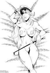 Rule 34 | 1girl, arm belt, arm up, bed, bracelet, breasts, capcom, chain, cleft of venus, dated, final fight, grin, hat, hat over one eye, highres, jewelry, large breasts, lying, long hair, looking at viewer, monochrome, navel, nipples, nude, peaked cap, poison (final fight), pussy, riding crop, signature, smile, street fighter, tiquitoc, watermark, web address, white background
