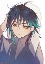 Rule 34 | 1boy, alternate costume, aqua hair, azna, black hair, genshin impact, gradient hair, hand on own head, highres, looking at viewer, male focus, messy hair, multicolored hair, parted lips, robe, simple background, solo, towel, towel on head, twitter username, upper body, white background, xiao (genshin impact), yellow eyes