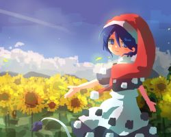 Rule 34 | 1girl, :3, black dress, blue eyes, blue hair, blush stickers, closed mouth, cloud, commentary, cowboy shot, day, doremy sweet, dress, eyebrows hidden by hair, field, flower, flower field, from behind, hair between eyes, hat, kanno fumiroku, looking at viewer, looking back, multicolored clothes, multicolored dress, nightcap, one-hour drawing challenge, outstretched arms, pom pom (clothes), red hat, short hair, sky, solo, sunflower, sunflower field, tail, tapir tail, touhou, white dress, yellow flower