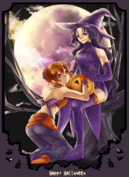 Rule 34 | 2girls, annie barrs, back, bare shoulders, black hair, boots, breasts, brown eyes, brown hair, earrings, elbow gloves, gloves, halloween, hat, hilda rhambling, jewelry, lips, long hair, makeup, midriff, moon, multiple girls, open mouth, pants, pumpkin, purple eyes, shoes, short hair, smile, tales of (series), tales of rebirth, thigh boots, thighhighs, witch hat