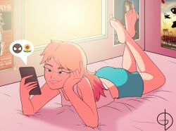 1girl aqua_shorts armpits ass asymmetrical_hair barefoot bed bedroom blonde_hair blue_eyes breasts buck_teeth cellphone clenched_hands eyebrow_piercing eyelashes feet feet_up female_focus full_body gd gradient_hair gwen_stacy hand_on_own_face hands_up happy highres holding holding_phone indoors legs light_smile looking_at_phone lying marvel medium_hair midriff multicolored_hair on_bed on_stomach parted_lips phone piercing shirt short_shorts shorts signature small_breasts smartphone soles spider-gwen spider-man_(series) spider-verse tank_top teeth the_pose thighs toes undercut unworn_clothes white_shirt window