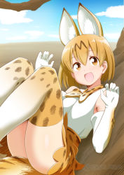 Rule 34 | 10s, 1girl, :d, animal ears, bad id, bad pixiv id, bare shoulders, blonde hair, cat ears, cat tail, day, elbow gloves, extra ears, gloves, kemono friends, legs up, looking at viewer, lying, on back, open mouth, outdoors, serval (kemono friends), serval print, serval tail, short hair, smile, solo, suzushiro nazuna, tail, thighhighs, thighs, twitter username