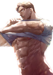 Rule 34 | 1boy, abs, absurdres, bara, blonde hair, clothes lift, facial hair, highres, looking at viewer, male focus, manly, mature male, muscular, muscular male, navel, nipple piercing, nipples, original, pectorals, piercing, shirt, shirt lift, smile, solo, stubble, t-shirt, thick arms, tight clothes, ueno kishi, veins, veiny arms, wet, wet clothes, yellow eyes