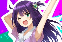 Rule 34 | 1girl, ahoge, arms up, fujigami hina, hero-san to moto onna kanbu-san, highres, one side up, open mouth, purple hair, smile, solo, somechime (sometime1209), star (symbol)