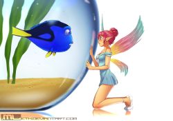 Rule 34 | 1girl, against glass, anklet, bare legs, bare shoulders, blue dress, blue tang, breasts, crossover, dory (finding nemo), dress, erylia (mleth), eye contact, fairy, fairy wings, finding nemo, fish, fishbowl, flats, from side, hair bun, highres, jewelry, kneeling, looking at another, mini person, minigirl, mleth, no socks, off-shoulder dress, off shoulder, original, pink hair, pixar, plant, pleated dress, pointy ears, profile, reflective floor, sand, shoes, short dress, short hair, simple background, single hair bun, small breasts, surgeonfish, tropical fish, watermark, web address, white background, white footwear, wings