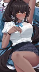 Rule 34 | 1girl, absurdres, ass, black hair, black skirt, blue archive, blue bow, blue bowtie, blush, bow, bowtie, breasts, cleavage, closed mouth, collared shirt, dark-skinned female, dark skin, feet out of frame, haerge, hair between eyes, halo, highres, karin (blue archive), large breasts, long hair, looking at viewer, pleated skirt, purple halo, school uniform, shirt, short sleeves, skirt, solo, white shirt, yellow eyes