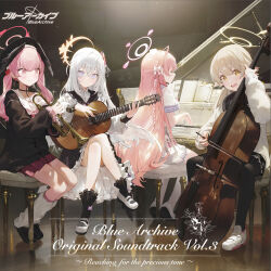 Rule 34 | 4girls, album cover, artist request, azusa (blue archive), black headwear, black pantyhose, black wings, blue archive, blush, bow, braid, closed eyes, closed mouth, cover, crossed bangs, crossed legs, dress, frilled dress, frills, grand piano, grey hair, guitar, hair between eyes, hair bow, halo, hanako (blue archive), hat, head wings, hifumi (blue archive), highres, holding, holding instrument, instrument, koharu (blue archive), leg warmers, light brown hair, long hair, long sleeves, looking at viewer, multiple girls, music, off shoulder, official art, open mouth, pantyhose, piano, pink eyes, pink hair, playing instrument, pleated skirt, sailor collar, school uniform, serafuku, short sleeves, side braid, sitting, skirt, stool, thighhighs, twintails, white bow, white sailor collar, white thighhighs, white wings, wings, yellow eyes