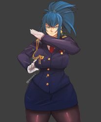 Rule 34 | 1girl, badge, black pantyhose, blue eyes, blue hair, breasts, buttons, curvy, earrings, formal, gloves, jewelry, large breasts, leona heidern, military, military uniform, miniskirt, pantyhose, ponytail, rancorart, skirt, skirt suit, solo, suit, the king of fighters, thighhighs, triangle earrings, twitter username, uniform, white gloves