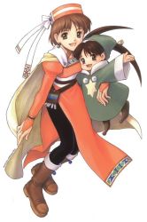 Rule 34 | 1990s (style), 1boy, 1girl, :d, atelier (series), atelier elie, black pantyhose, bow, brown eyes, brown hair, cape, dress, elfir traum, full body, green hat, hat, hat bow, looking at viewer, official art, open mouth, orange dress, orange hat, pantyhose, retro artstyle, robe, short hair, signature, simple background, size difference, smile, tecmo, white background, white bow, yamagata isaemon, yellow cape, yousei (atelier elie)