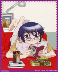 Rule 34 | 1girl, absurdres, barefoot, blue eyes, blue hair, blush, casual, couch, glasses, hidamari sketch, highres, juice box, matching hair/eyes, hugging object, official art, pillow, pillow hug, reading, sae (hidamari sketch), scan, smile, solo