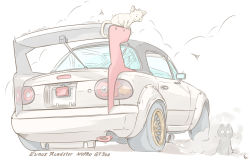 Rule 34 | animal, animal ears, artist name, car, cat, cat ears, cat tail, cloud, eunos roadster, exhaust, exhaust pipe, highres, mazda, mazda mx-5, mazda mx-5 na, motor vehicle, multiple cats, no humans, original, rabienu, rollcage, side-view mirror, signature, simple background, smoke, spoiler (automobile), tail, tail lights, tire, vehicle focus