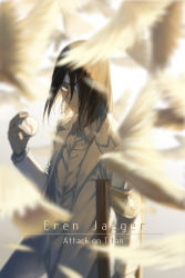 Rule 34 | 1boy, absurdres, ball, bandage over one eye, bird, blurry, brown hair, character name, closed mouth, coat, crutch, depth of field, english text, eren yeager, hair over face, hangyifan97, highres, holding, holding ball, long hair, looking at viewer, male focus, one eye covered, shingeki no kyojin, shirt, solo, text focus, white coat, white shirt, yellow eyes