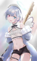 Rule 34 | 1girl, :d, amemiya nazuna, amemiya nazuna (1st costume), angel, angel wings, black shorts, blue eyes, breasts, cleavage, cleavage cutout, clothing cutout, earrings, fang, garter straps, halo, hat, heterochromia, highres, jacket, jewelry, key, long sleeves, looking at viewer, navel, open mouth, pink eyes, shirt, short hair, short shorts, shorts, single garter strap, skin fang, small breasts, smile, strapless, thigh strap, tube top, vii (joshuayuen), virtual youtuber, vshojo, weapon, weapon on back, white hair, white hat, white jacket, white shirt, wings