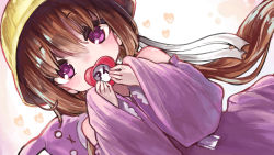 Rule 34 | 1girl, bare shoulders, blush, brown hair, clothing cutout, covered mouth, dress, dutch angle, hair between eyes, hands up, hat, heart, highres, holding, kindergarten uniform, long sleeves, looking at viewer, microa, name tag, pink dress, pink eyes, school hat, shoulder cutout, solo, stuffed animal, stuffed rabbit, stuffed toy, tsukuyomi ai, twintails, voiceroid, wide sleeves, yellow hat