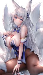 Rule 34 | animal ear fluff, animal ears, azur lane, black leotard, blue butterfly, blue collar, blue eyes, bow, bowtie, breasts, bug, butterfly, collar, covered navel, detached collar, fox ears, fox girl, highleg, highleg leotard, highres, insect, kitsune, kyuubi, large breasts, large tail, leotard, long hair, looking at viewer, mole, mole under eye, multiple tails, nontraditional playboy bunny, oyuwari, pantyhose, playboy bunny, poker chip, shinano (azur lane), silver hair, solo, strapless, strapless leotard, tail, white tail, wrist cuffs