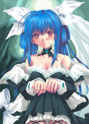 Rule 34 | 1girl, alternate costume, arc system works, asymmetrical wings, bare shoulders, blue hair, choker, clothes lift, dizzy (guilty gear), dress, dress lift, guilty gear, red eyes, ribbon, solo, thigh gap, wings