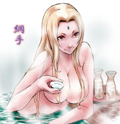 Rule 34 | 1girl, alcohol, blonde hair, breasts, brown eyes, choko (cup), closed mouth, completely nude, cup, facial mark, forehead mark, hair down, hair over breasts, highres, large breasts, long hair, naruto, naruto (series), nude, onsen, partially submerged, sake, smile, solo, steam, tokkuri, tsunade (naruto), uheri, upper body