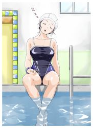 Rule 34 | 1girl, absurdres, breasts, chestnut mouth, choujo (kakitama), collarbone, commentary request, competition swimsuit, head tilt, highres, kakitama, large breasts, mole, mole under eye, one-piece swimsuit, open mouth, original, pool ladder, poolside, sitting, sleeping, soaking feet, solo, swim cap, swimsuit, watch, water, wet, wristwatch, zzz