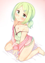 Rule 34 | 1girl, :t, bare legs, bare shoulders, barefoot, bed sheet, between legs, blush, camisole, closed mouth, collarbone, commentary request, fingernails, full body, green camisole, green eyes, green hair, green skirt, hair ornament, hairclip, hand between legs, jacket, long sleeves, morinaka kazaki, nijisanji, off shoulder, parted bangs, pink jacket, pleated skirt, polka dot, polka dot camisole, pout, racer (magnet), sitting, skirt, sleeves past wrists, solo, toenails, twintails, virtual youtuber, wariza
