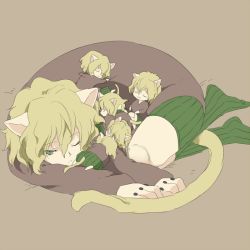 Rule 34 | androgynous, animal ears, brown hair, cat ears, curly hair, family, gender request, green eyes, hunter x hunter, if they mated, izatama, neferpitou, one eye closed, other focus, short hair, sleeping, tail, wink