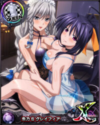 Rule 34 | 2girls, antenna hair, ass, black hair, blue bow, blue panties, bow, braid, breasts, card (medium), chess piece, cleavage, female focus, grayfia lucifuge, grey eyes, grey hair, hair bow, hair ribbon, high school dxd, himejima akeno, large breasts, lingerie, long hair, looking at viewer, maid headdress, matching hair/eyes, multiple girls, negligee, official art, panties, parted lips, ponytail, purple eyes, queen (chess), ribbon, see-through, smile, teddy (lingerie), twin braids, underwear, yellow ribbon