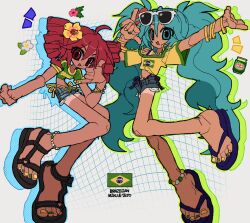 2girls ahoge anklet aqua_eyes aqua_hair bikini bracelet brazilian_miku can denim denim_shorts drill_hair eyewear_on_head flip-flops flower full_body green_bikini hair_flower hair_ornament hatsune_miku hibiscus highres jar jewelry jwnn kasane_teto long_hair looking_at_viewer multiple_girls nail_polish open_mouth pink_eyes pink_hair sandals shaka_sign shirt short_shorts short_sleeves shorts smile sunglasses swimsuit tan tanline toenail_polish toenails twin_drills twintails utau very_long_hair vocaloid yellow_flower yellow_shirt