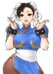 Rule 34 | 1girl, bracelet, breasts, brown eyes, brown hair, bun cover, capcom, china dress, chinese clothes, chun-li, curvy, double bun, dress, hair bun, highres, jewelry, large breasts, madarame, open mouth, pantyhose, pelvic curtain, sash, short hair, simple background, solo, spiked bracelet, spikes, street fighter, white background