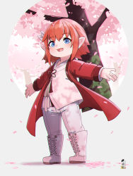 Rule 34 | 1girl, :d, bad id, bad pixiv id, blue eyes, blush, boots, commentary, commission, cross-laced footwear, flower, full body, grey background, highres, jacket, japanese clothes, kimono, kuro kosyou, lace-up boots, long sleeves, looking at viewer, open clothes, open jacket, open mouth, orange hair, original, outstretched arms, pants, petals, pink flower, pointy ears, red jacket, skeb commission, smile, solo, standing, tree, white footwear, white kimono, white pants