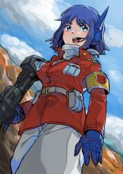 Rule 34 | 1girl, absurdres, armband, autobot, belt, blue eyes, blue gloves, blue hair, breasts, genderswap, genderswap (mtf), gloves, grey belt, grey pants, grey scarf, grey shirt, gun, headset, highres, holding, holding gun, holding weapon, humanization, jacket, looking to the side, medium breasts, nasutetsu, open mouth, optimus prime, pants, pouch, red jacket, scarf, shirt, short hair, sky, solo, transformers, weapon
