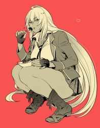 Rule 34 | 10s, 1girl, boots, eating, fingerless gloves, gloves, long hair, necktie, red background, saida nika, school uniform, shikishima mirei, simple background, solo, squatting, valkyrie drive, valkyrie drive -mermaid-, very long hair