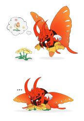 Rule 34 | ..., 1other, 2koma, absurdres, armor, black skin, bug, butterfly, butterfly wings, colored skin, comic, crushing, flower, flying, gloves, highres, horned mask, insect, insect wings, kirby (series), knight, mask, morpho knight, nintendo, no humans, no pupils, pauldrons, shibulio, shoulder armor, simple background, thinking, thought bubble, white background, white eyes, wings, yellow footwear, yellow gloves