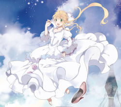 Rule 34 | 10s, 1girl, aldnoah.zero, asseylum vers allusia, bad id, bad pixiv id, barefoot, blonde hair, cloud, cloudy sky, day, dress, flying, frilled dress, frills, green eyes, high heels, jusc0, landing castle, long hair, open mouth, puffy sleeves, shoes, unworn shoes, sky, solo, white dress