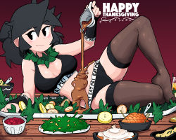 Rule 34 | 1girl, arm support, arm warmers, bare shoulders, black bra, black eyes, black hair, black nails, black panties, blush, bra, breasts, brown thighhighs, closed mouth, commentary, cup, english commentary, food, food on body, fruit, full body, gradient background, gravy, gravy boat, hair between eyes, highres, holding, holding cup, iced tea, jewelry, large breasts, leaf necklace, lemon, lemon slice, long hair, looking to the side, lucia (scott malin), lying, mashed potatoes, nail polish, necklace, on side, on table, original, panties, pie, raised eyebrow, salad, scott malin, sidelocks, simple background, smile, solo, sports bra, table, thanksgiving, thighhighs, tsurime, underwear