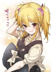 Rule 34 | 1girl, alternate hairstyle, apron, blonde hair, blush, bow, braid, brown eyes, cookie (touhou), hair bow, hair ornament, hand on own head, hat, unworn hat, hat ribbon, unworn headwear, heart, kirisame marisa, looking at viewer, mutsutake, open mouth, puffy sleeves, ribbon, shirt, short sleeves, side braid, smile, solo, text focus, touhou, translation request, twintails, uzuki (cookie), vest, waist apron, witch hat
